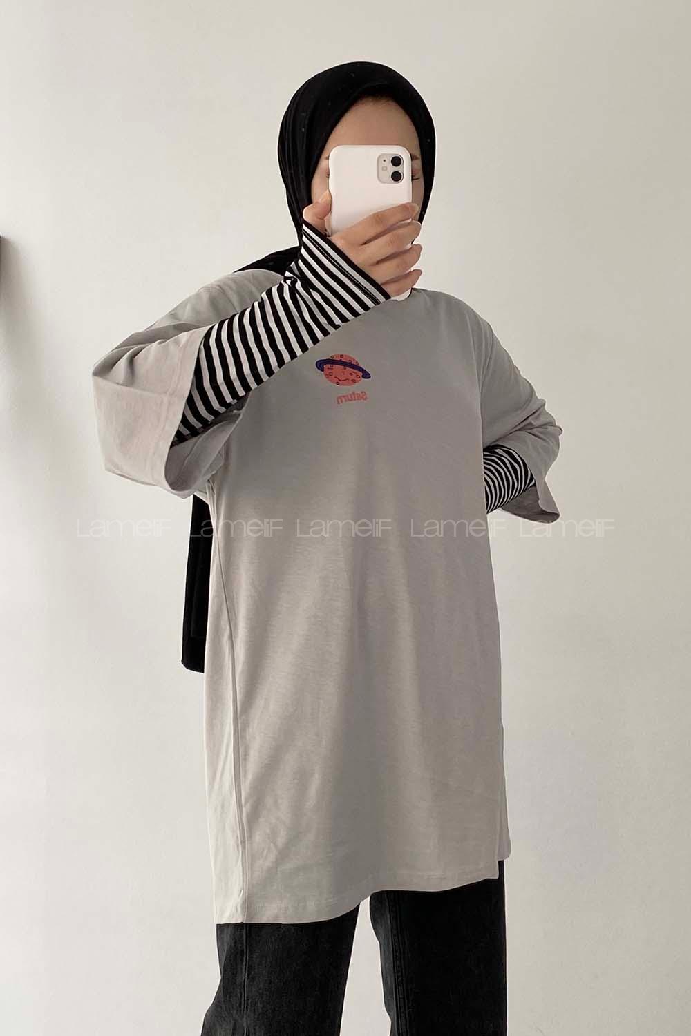 Modalamelif Satürn Nakışlı Oversize T-Shirt Gri