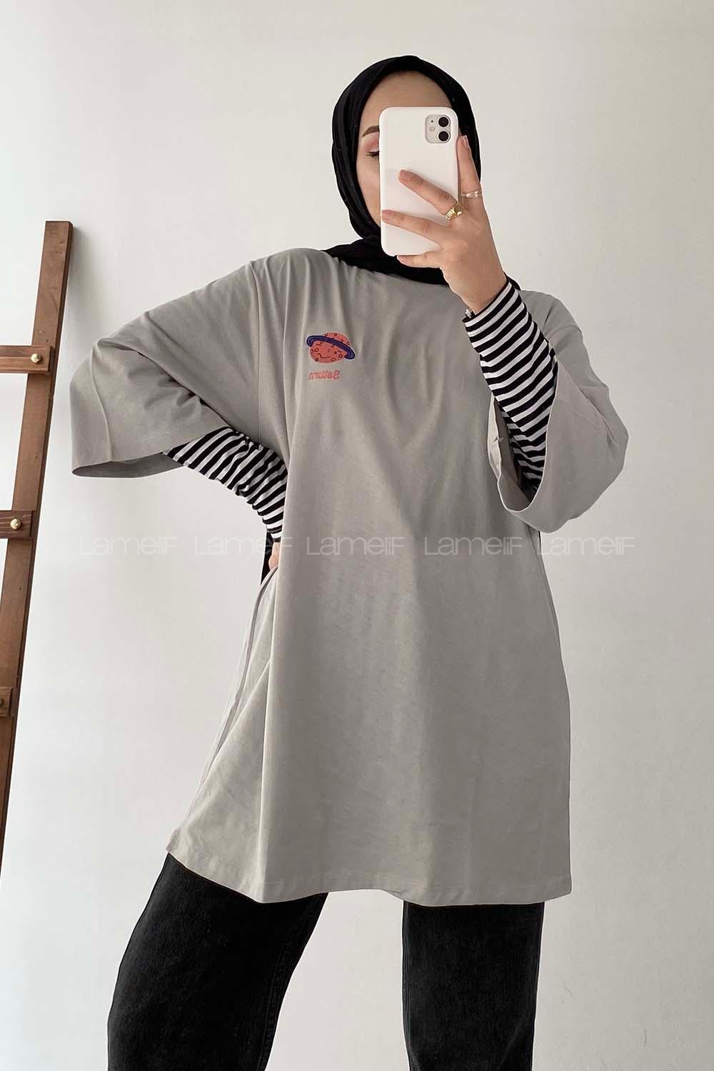 Modalamelif Satürn Nakışlı Oversize T-Shirt Gri