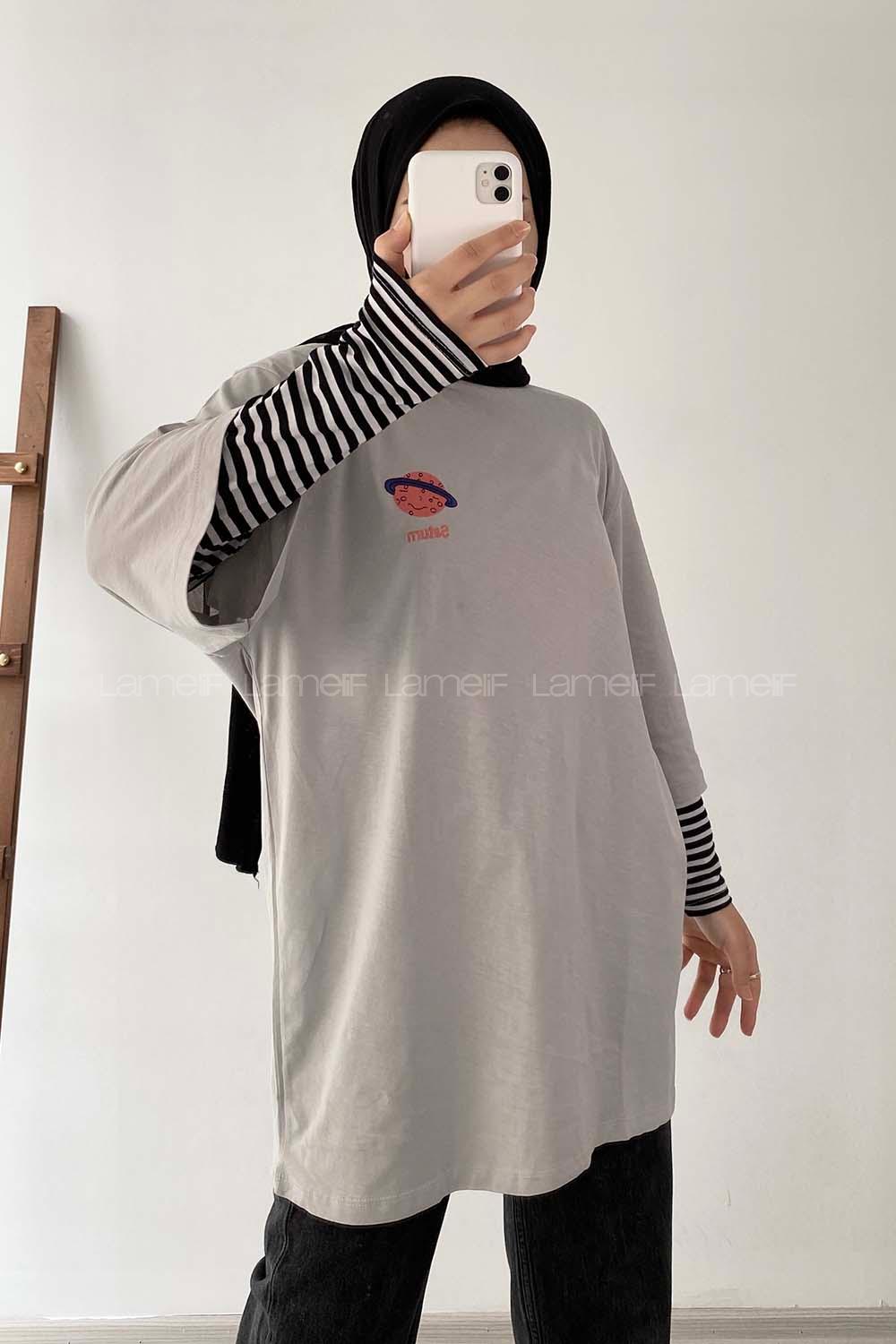 Modalamelif Satürn Nakışlı Oversize T-Shirt Gri