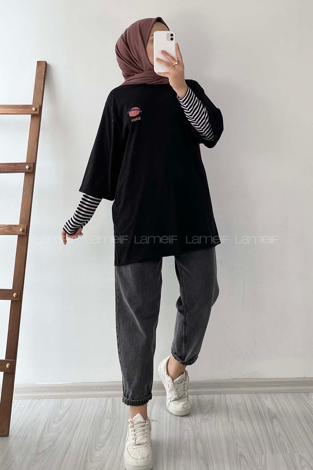 Modalamelif Satürn Nakışlı Oversize T-Shirt Siyah