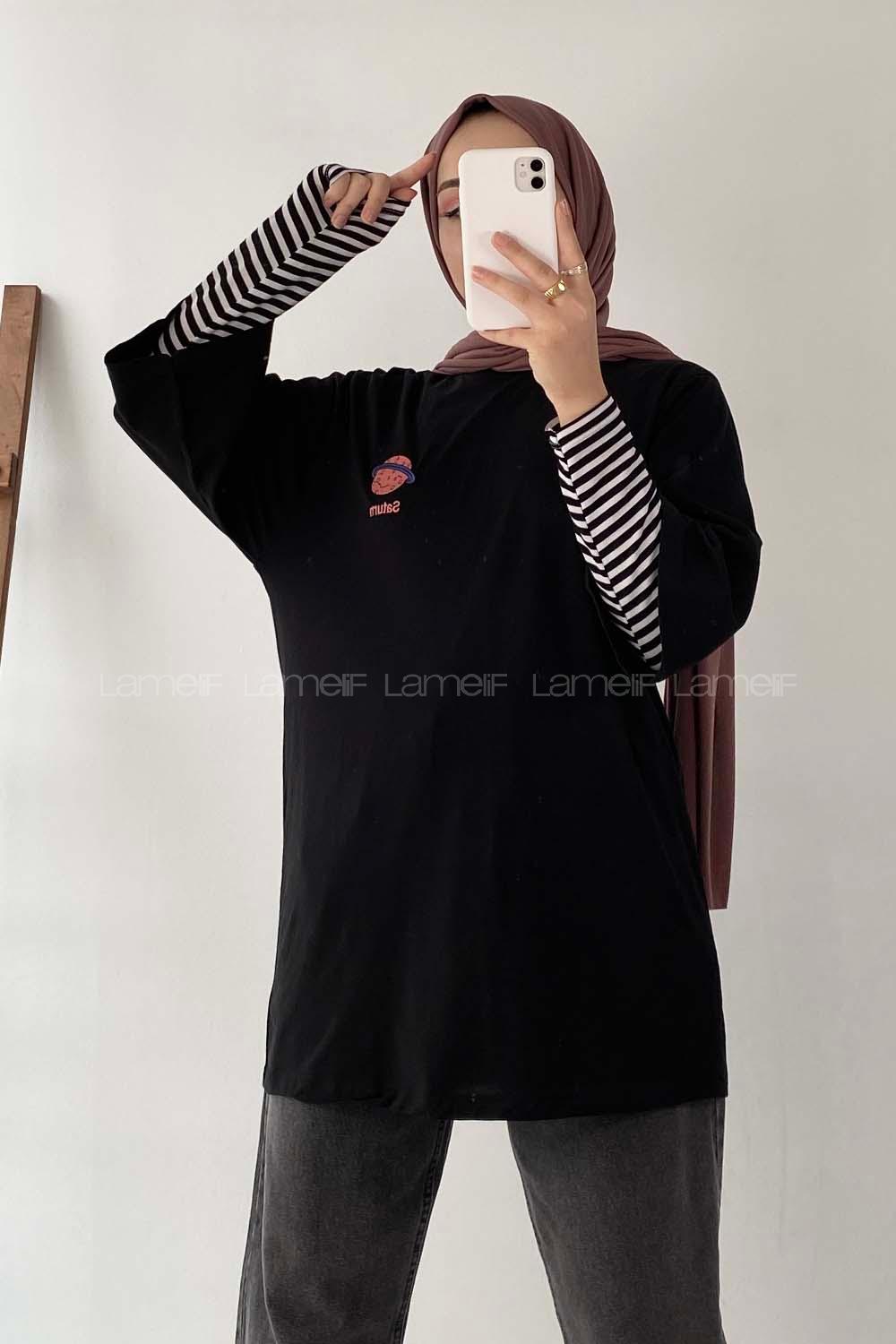 Modalamelif Satürn Nakışlı Oversize T-Shirt Siyah