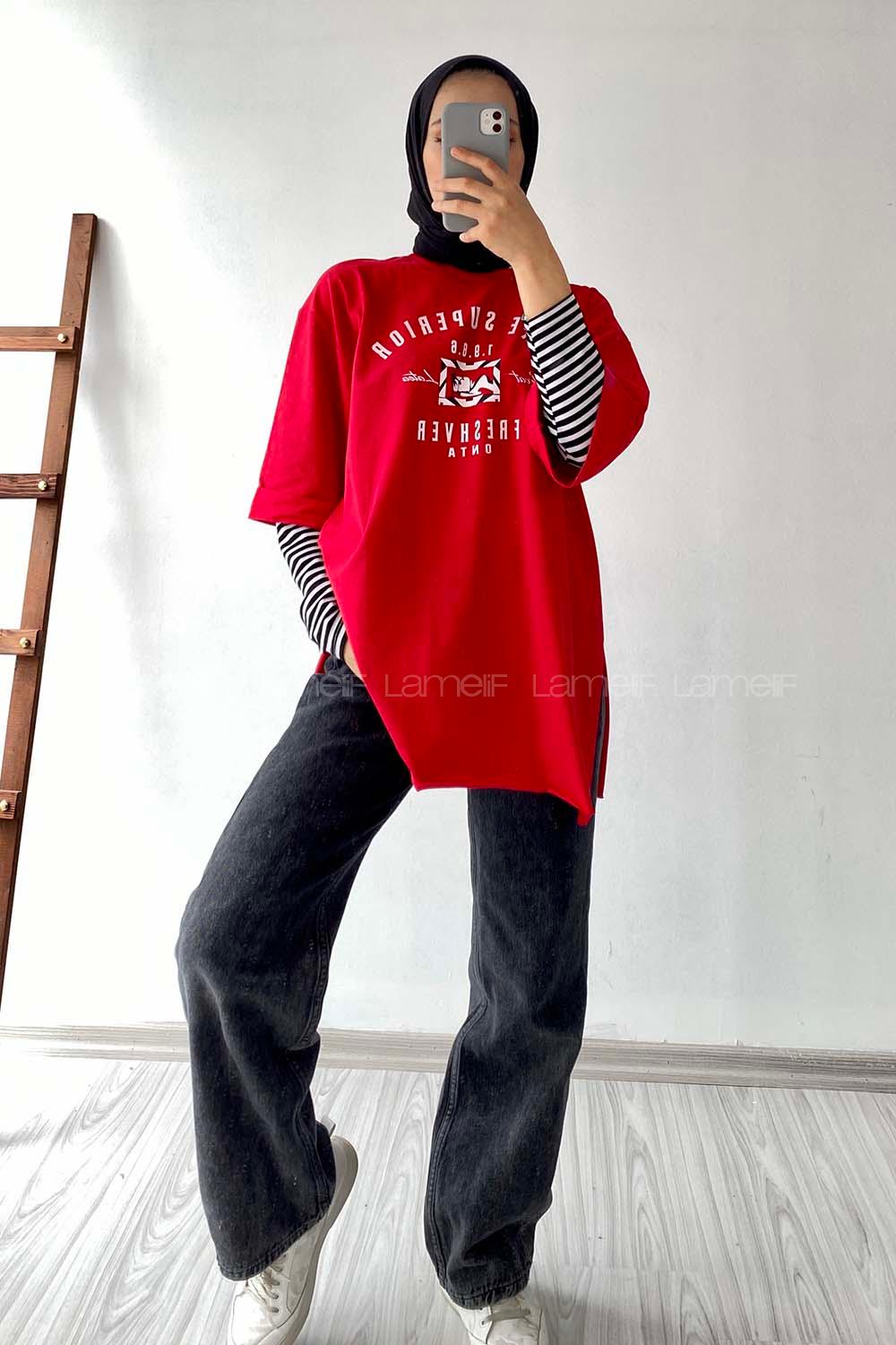 Modalamelif Superior Yazılı Yan Yırtmaçlı Oversize T-Shirt Kırmızı