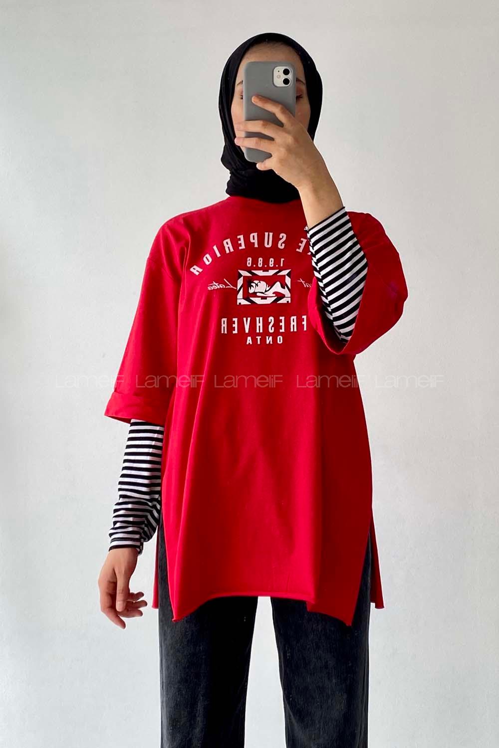Modalamelif Superior Yazılı Yan Yırtmaçlı Oversize T-Shirt Kırmızı