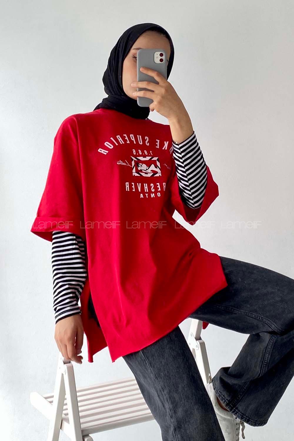 Modalamelif Superior Yazılı Yan Yırtmaçlı Oversize T-Shirt Kırmızı