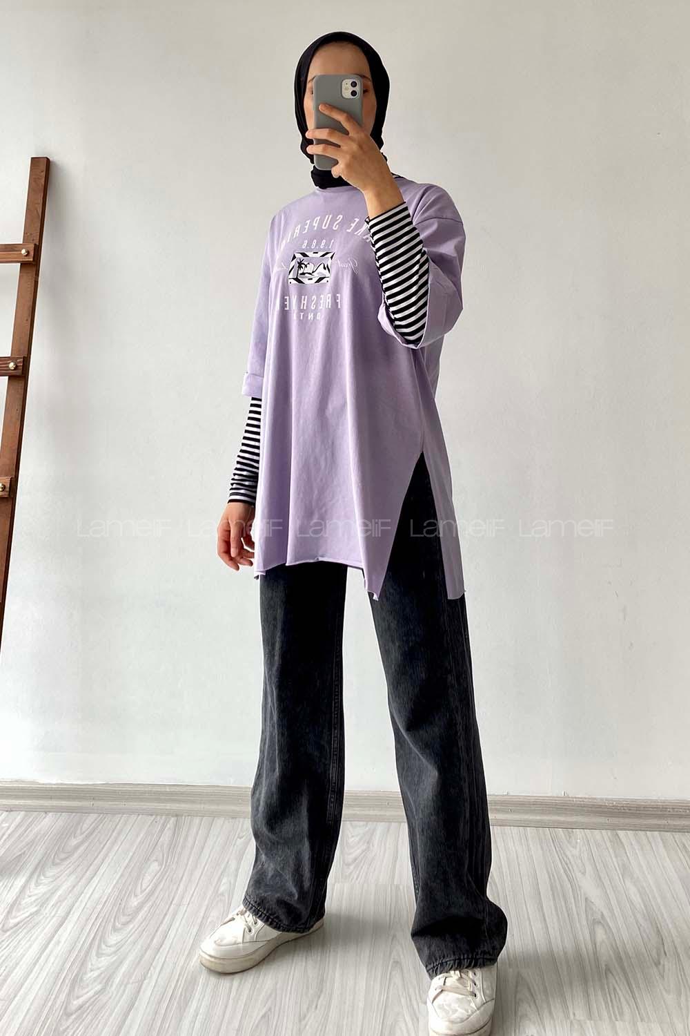 Modalamelif Superior Yazılı Yan Yırtmaçlı Oversize T-Shirt Lila