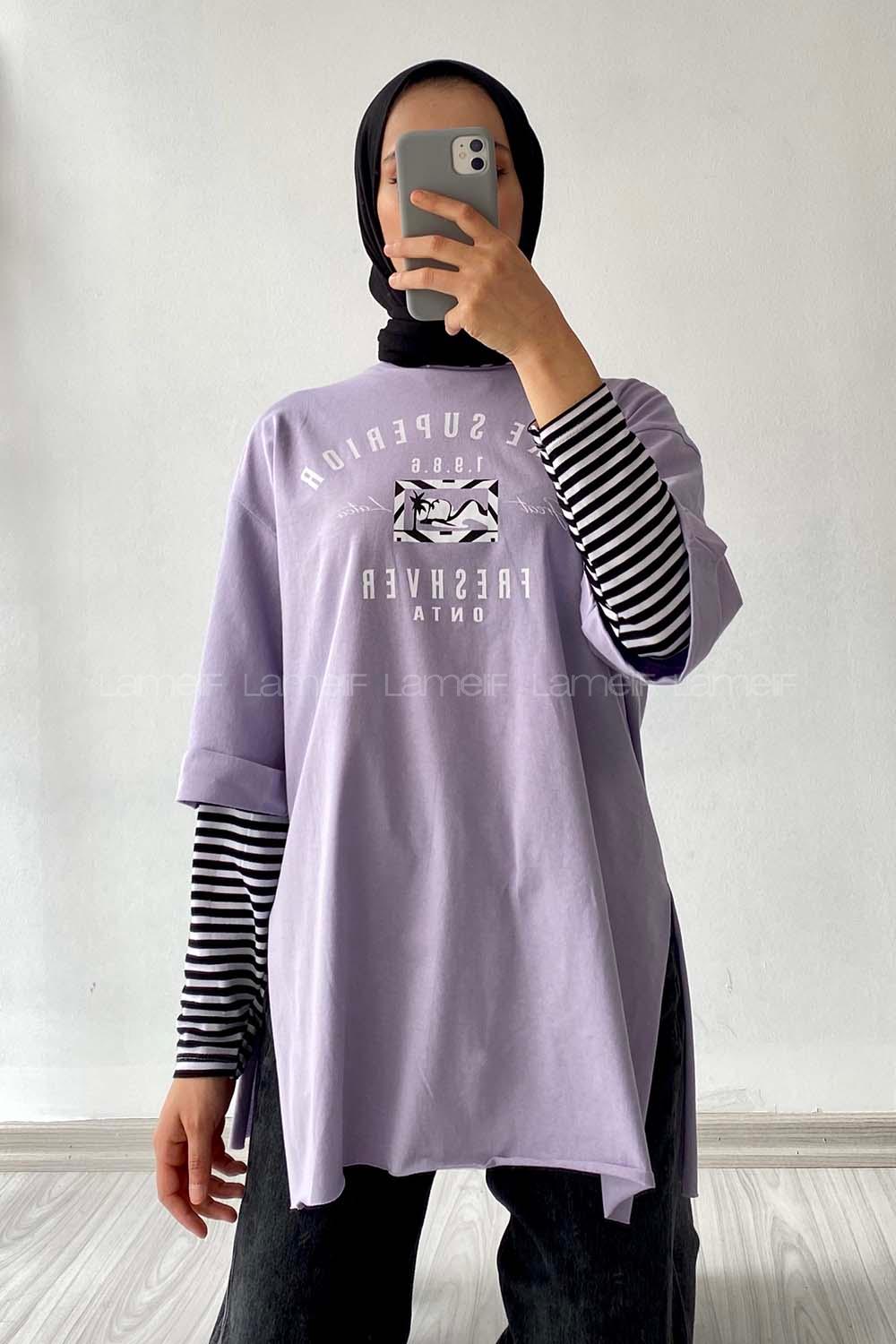 Modalamelif Superior Yazılı Yan Yırtmaçlı Oversize T-Shirt Lila
