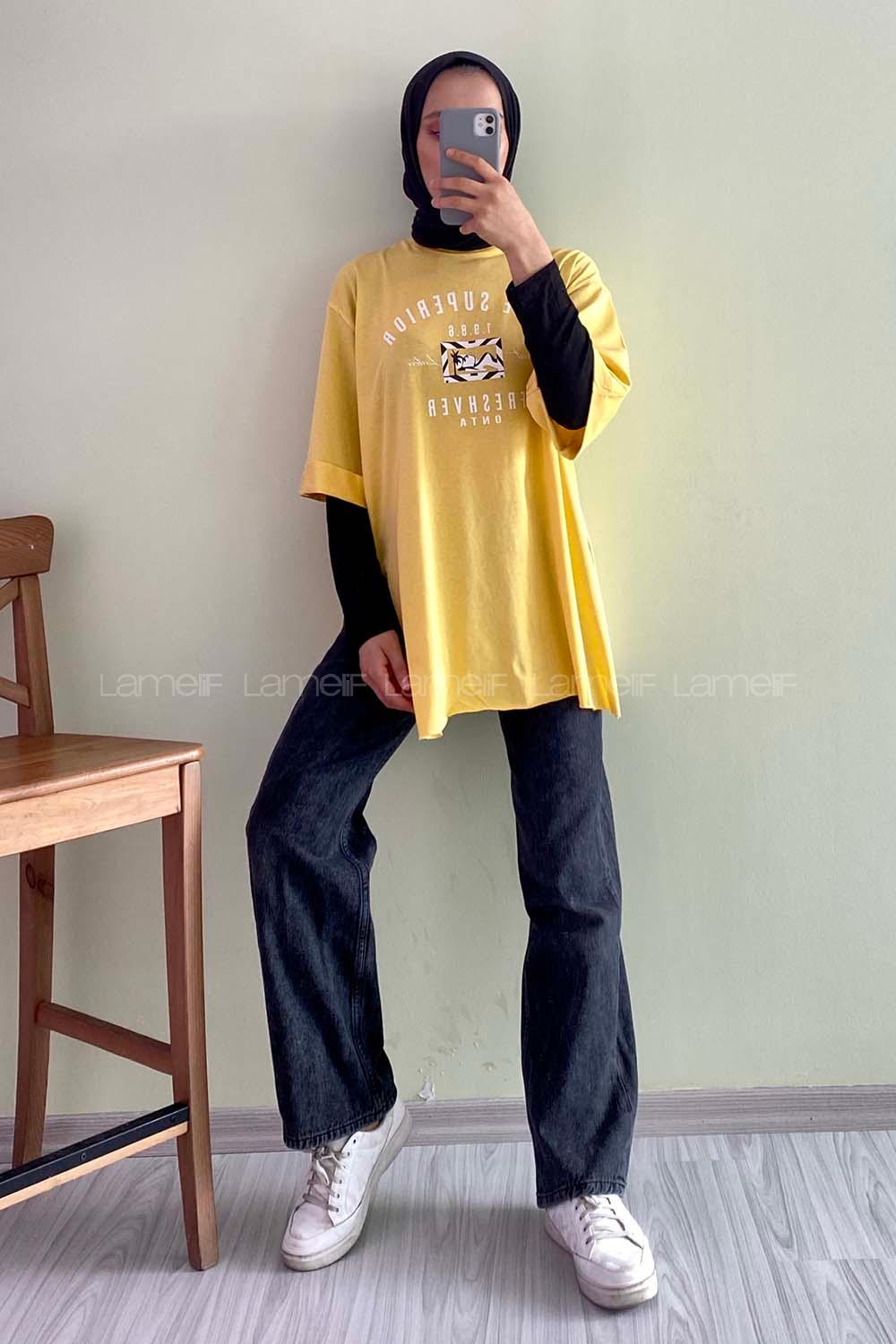 Modalamelif Superior Yazılı Yan Yırtmaçlı Oversize T-Shirt Sarı