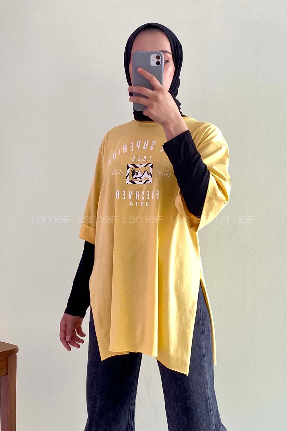 Modalamelif Superior Yazılı Yan Yırtmaçlı Oversize T-Shirt Sarı