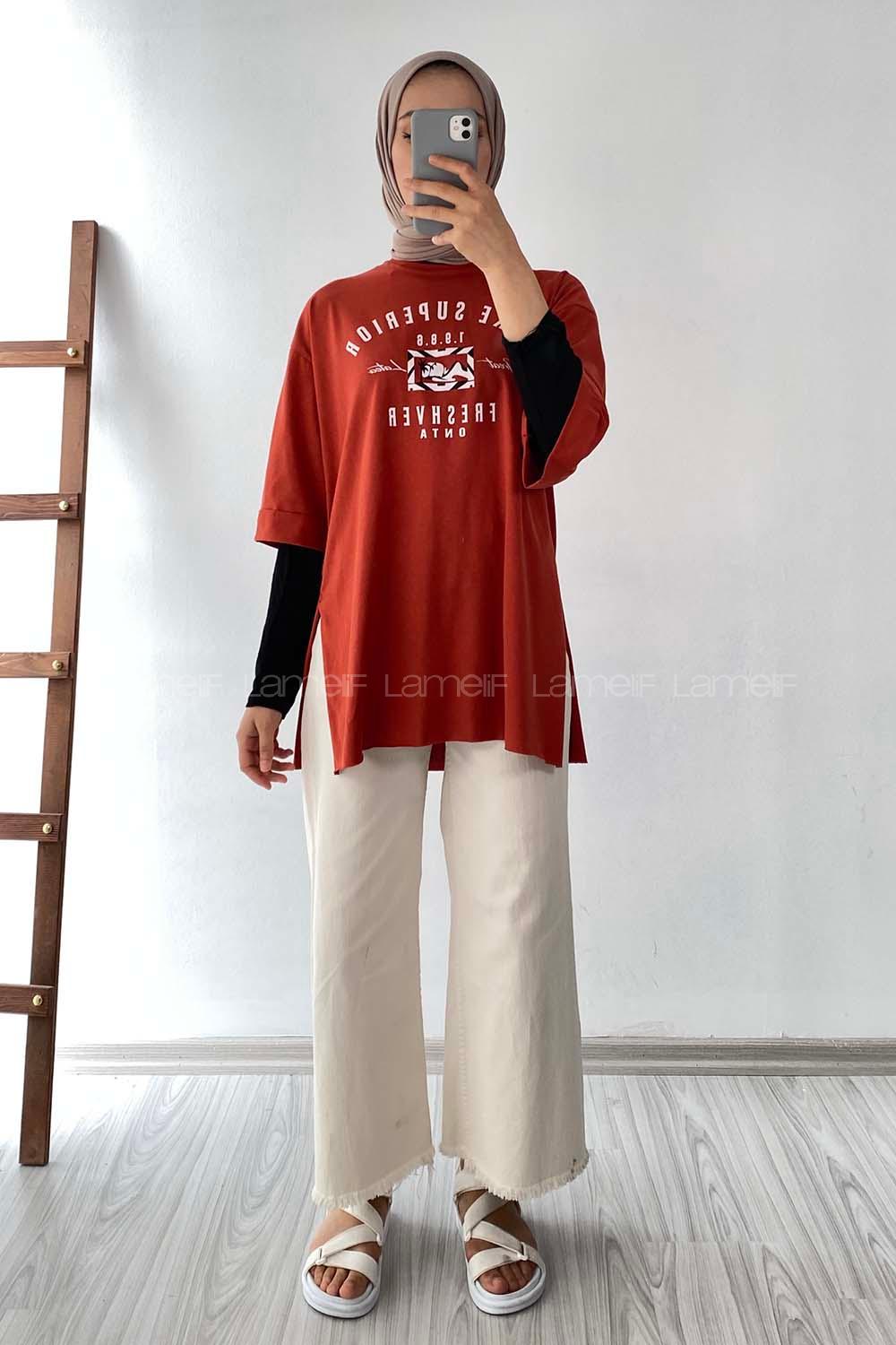 Modalamelif Superior Yazılı Yan Yırtmaçlı Oversize T-Shirt Taba Rengi