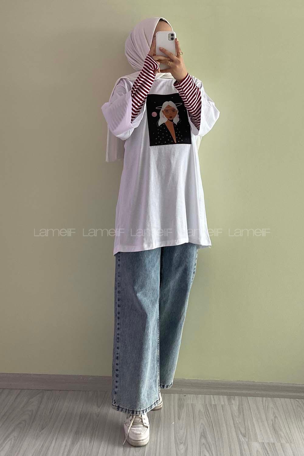 Modalamelif Uzaylı Kız Oversize T-Shirt  Beyaz