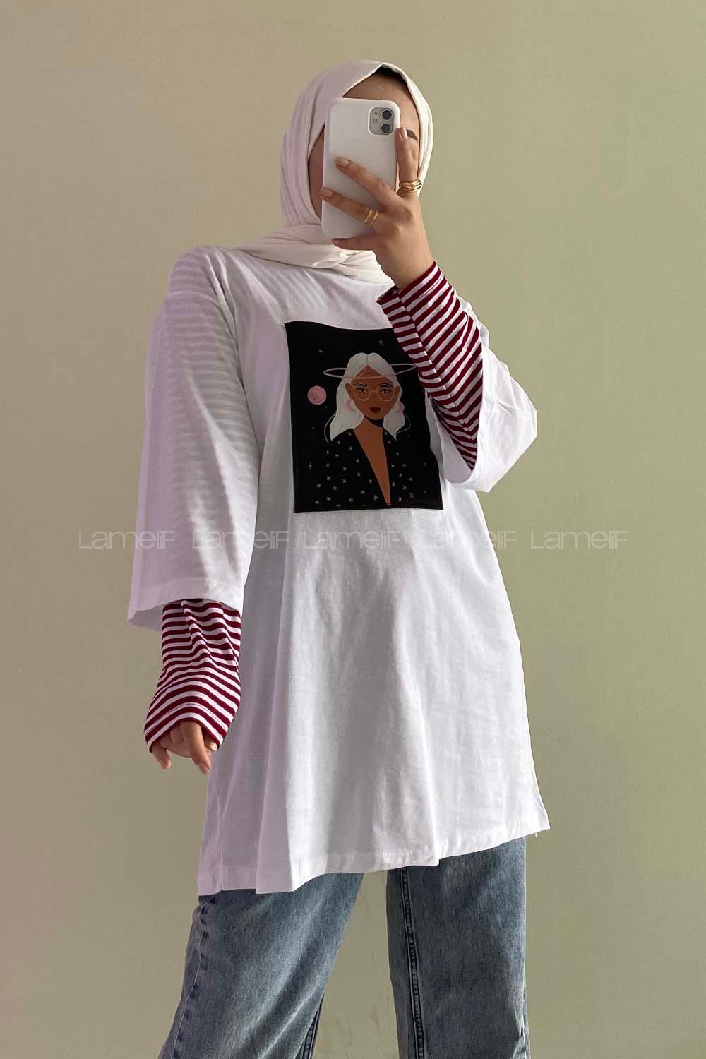 Modalamelif Uzaylı Kız Oversize T-Shirt  Beyaz
