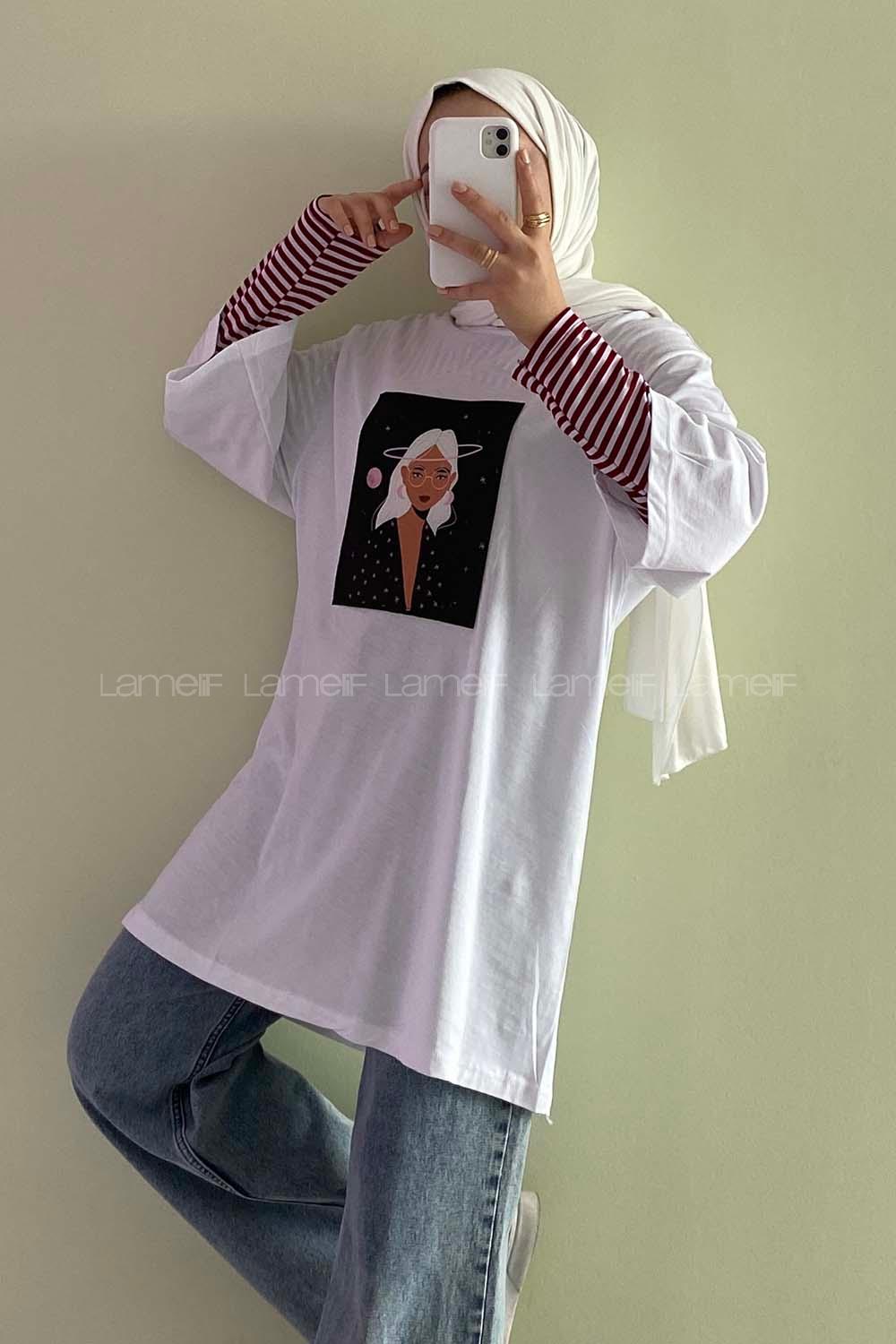 Modalamelif Uzaylı Kız Oversize T-Shirt  Beyaz