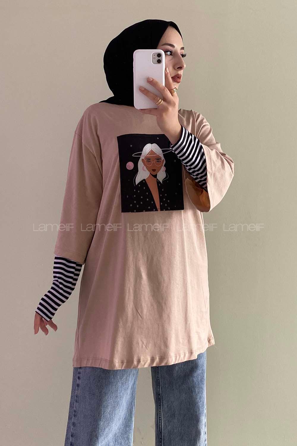 Modalamelif Uzaylı Kız Oversize T-Shirt Sütlü Kahve
