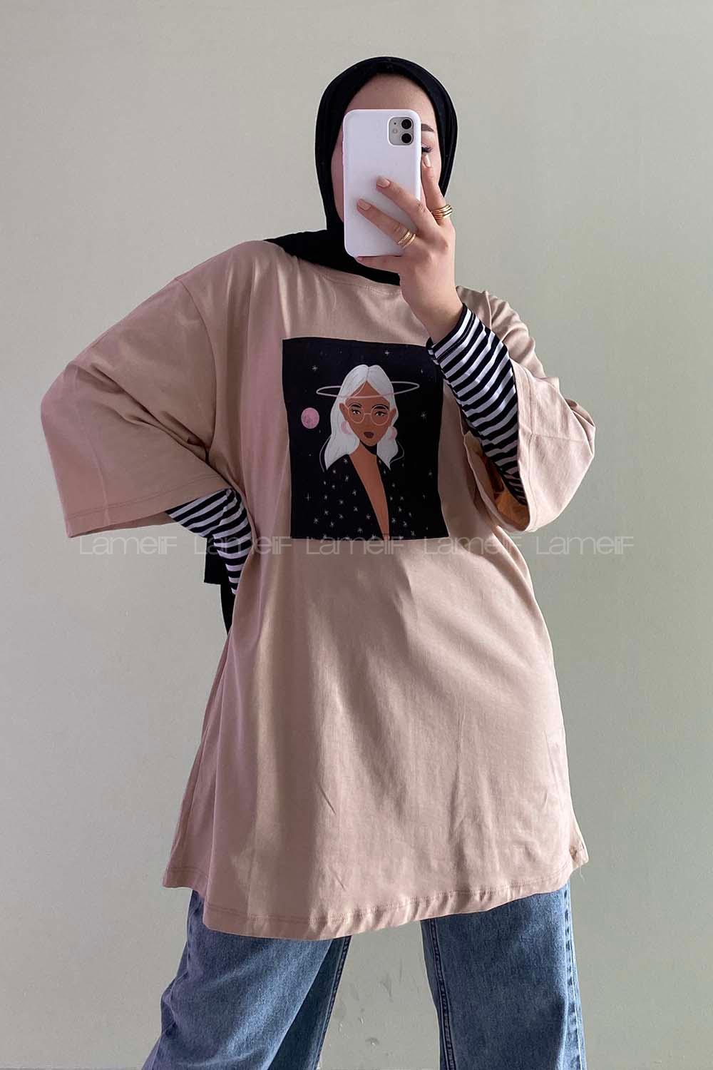 Modalamelif Uzaylı Kız Oversize T-Shirt Sütlü Kahve