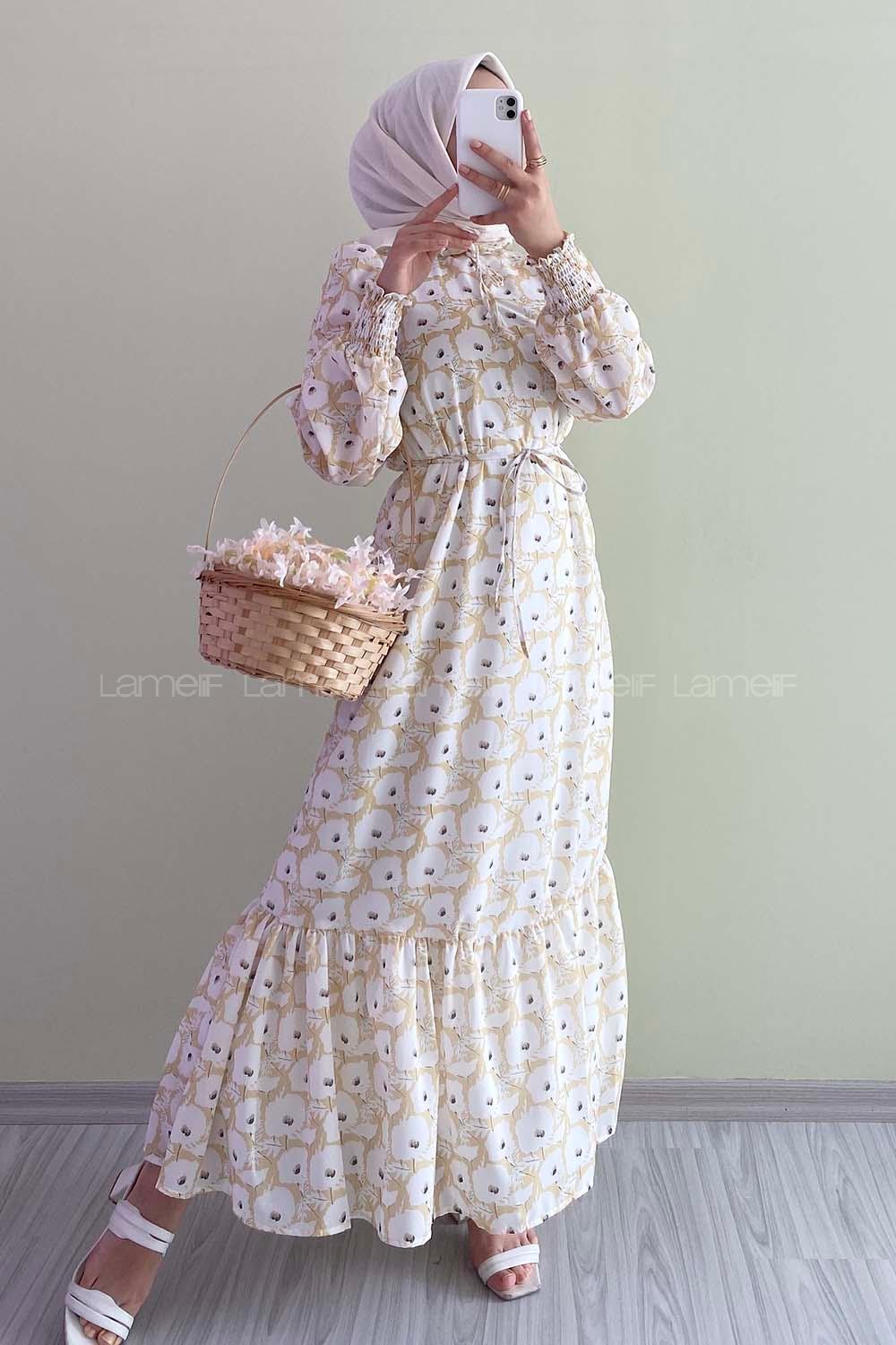 Modalamelif Yaka Bağlamalı Çiçek Model Fırfır Detaylı Sarı