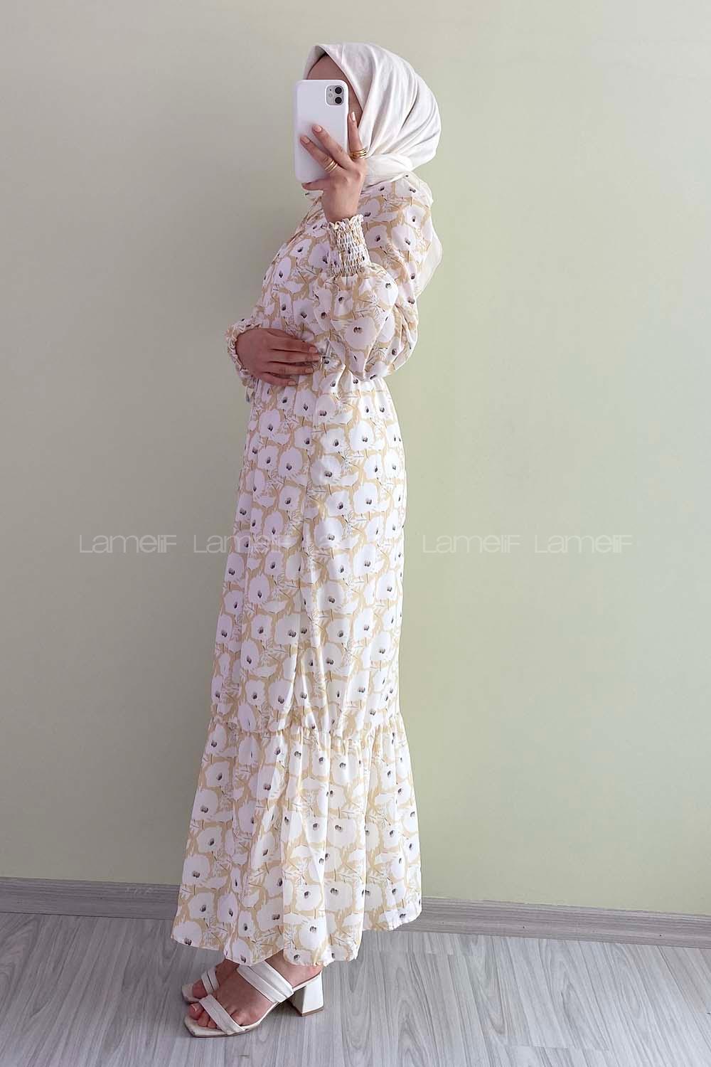 Modalamelif Yaka Bağlamalı Çiçek Model Fırfır Detaylı Sarı