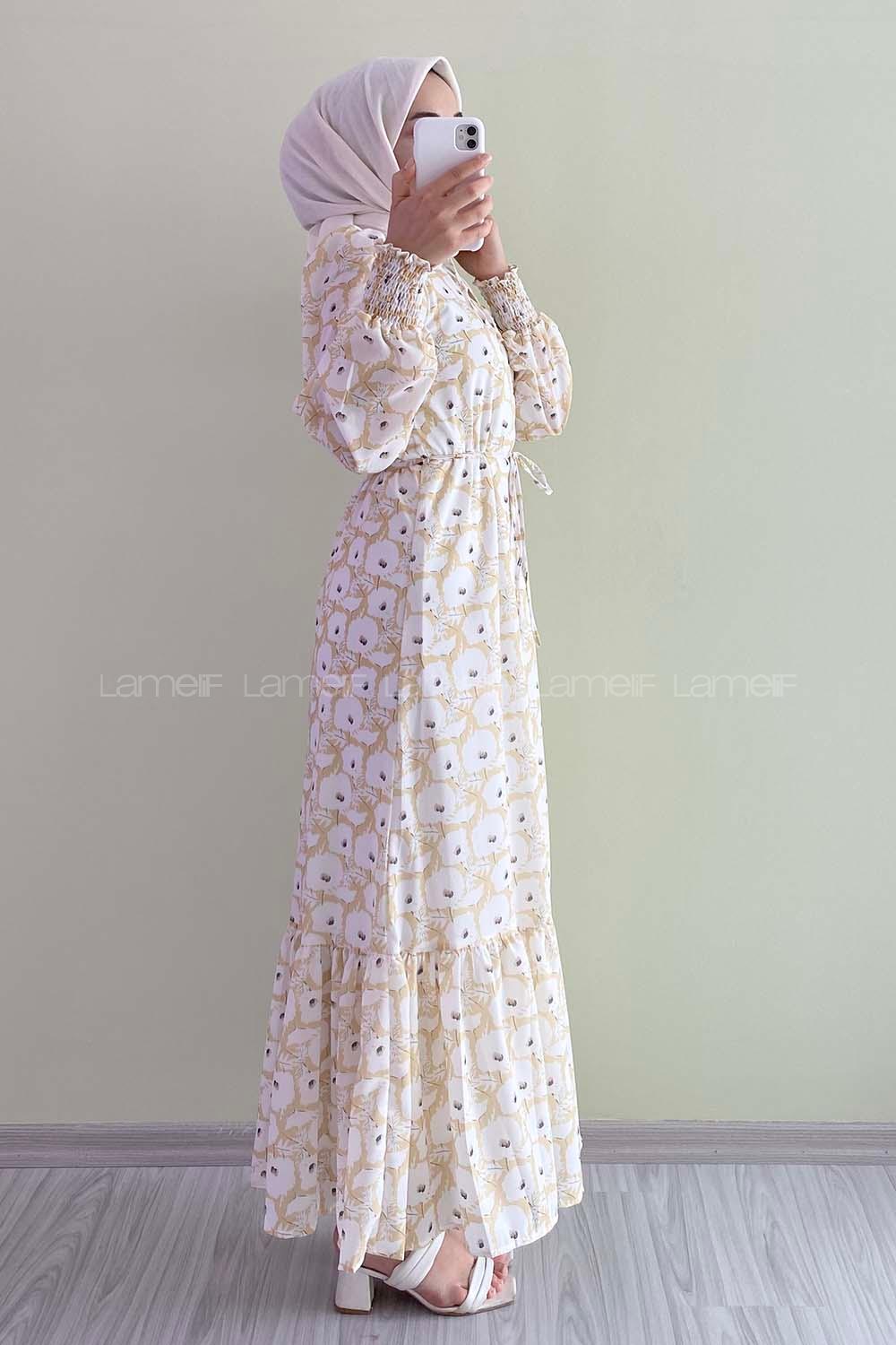 Modalamelif Yaka Bağlamalı Çiçek Model Fırfır Detaylı Sarı