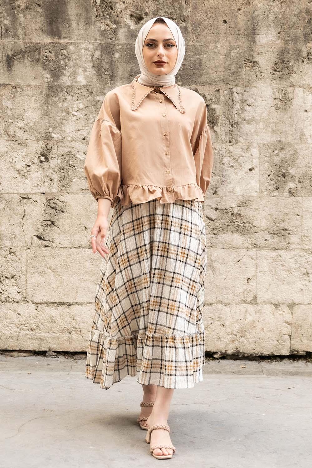 Modalamelif Yakası Dantel Detaylı Balon Kol Bluz Camel