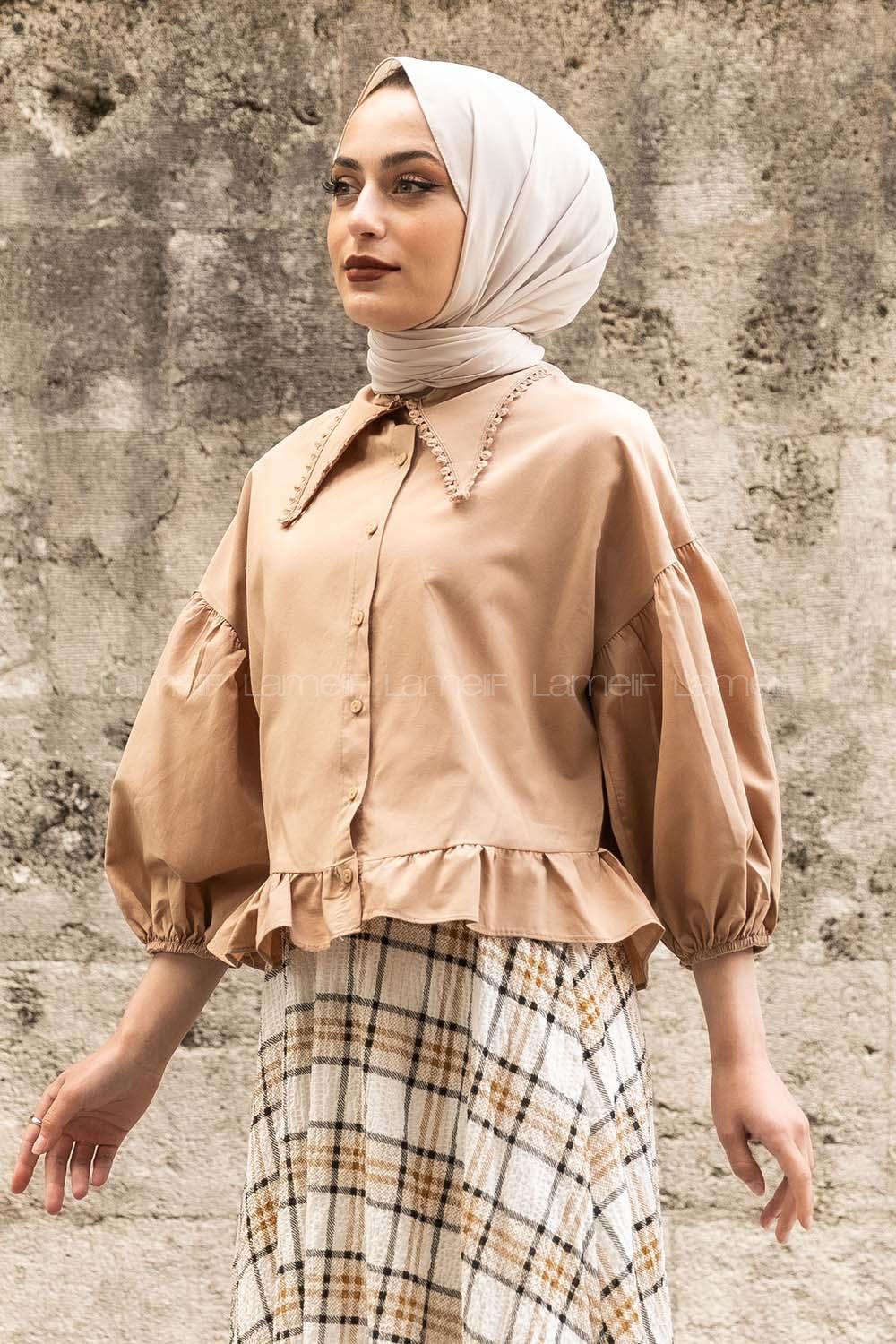 Modalamelif Yakası Dantel Detaylı Balon Kol Bluz Camel