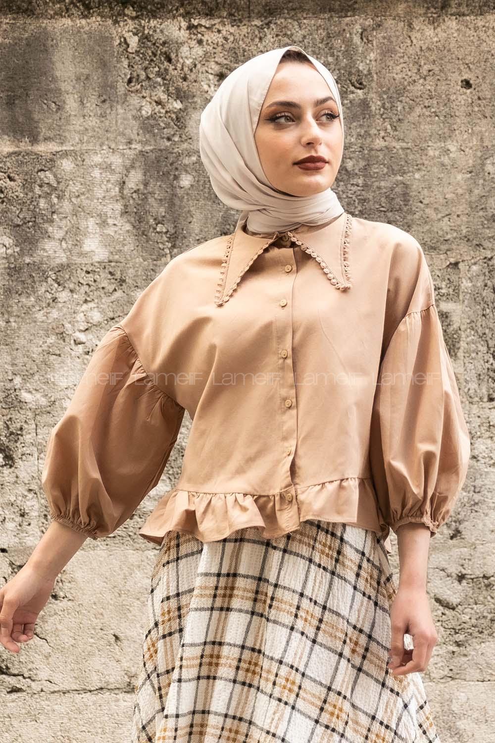 Modalamelif Yakası Dantel Detaylı Balon Kol Bluz Camel