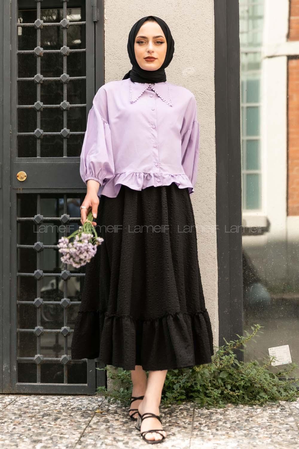 Modalamelif Yakası Dantel Detaylı Balon Kol Bluz  Lila