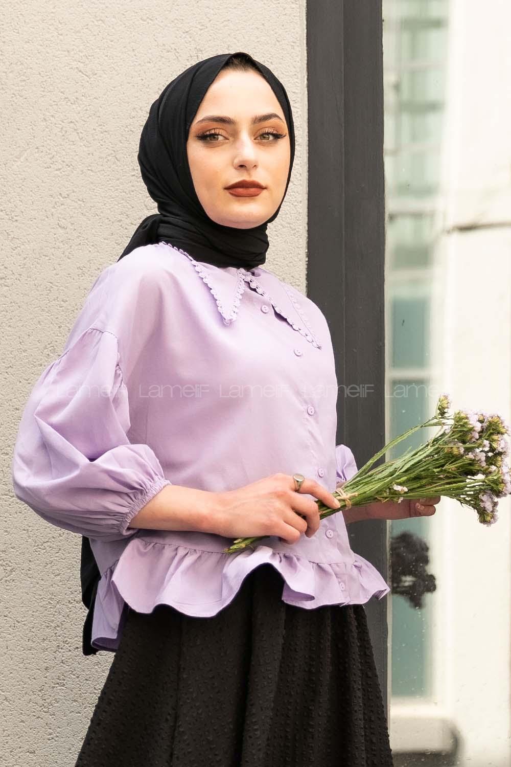 Modalamelif Yakası Dantel Detaylı Balon Kol Bluz  Lila