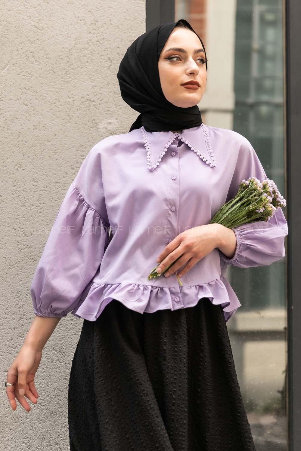 Modalamelif Yakası Dantel Detaylı Balon Kol Bluz  Lila