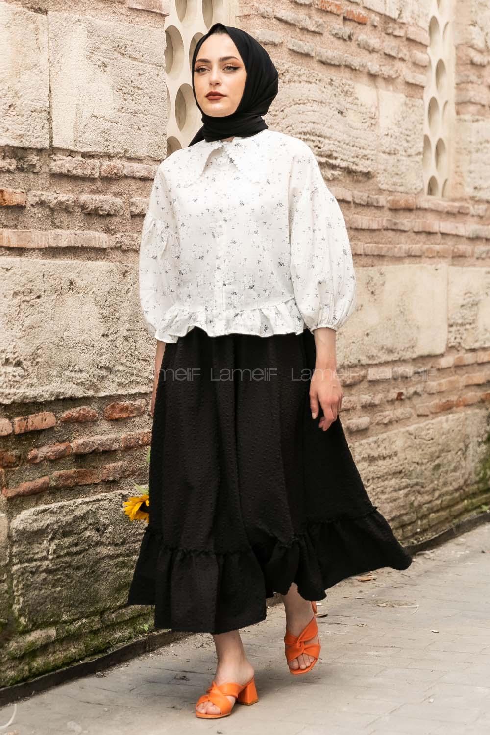 Modalamelif Yakası Dantel Detaylı  Çiçek Desenli Bluz Beyaz