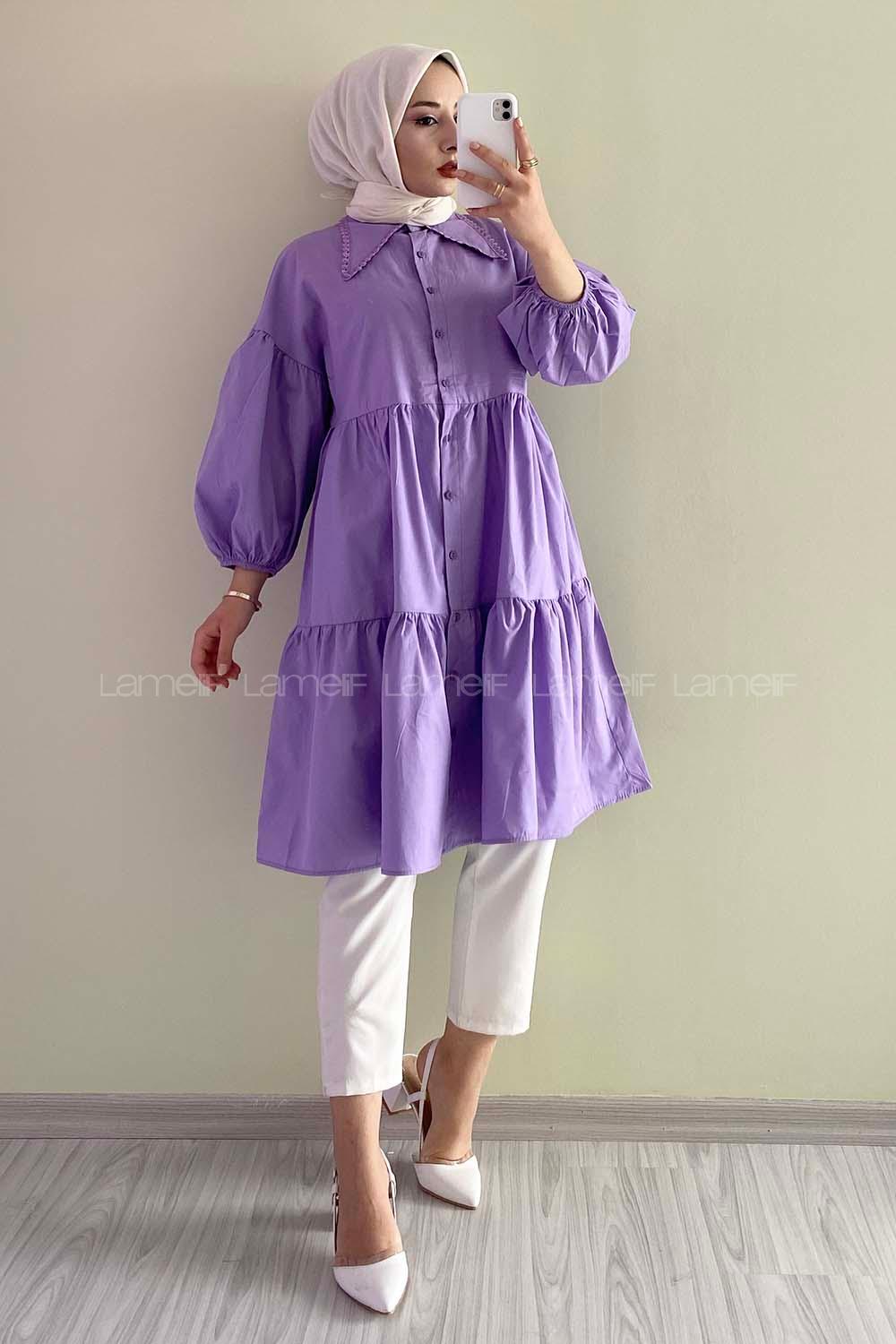 Modalamelif Yakası Dantel Detaylı Önü Düğmeli Poplin Tunik Lila