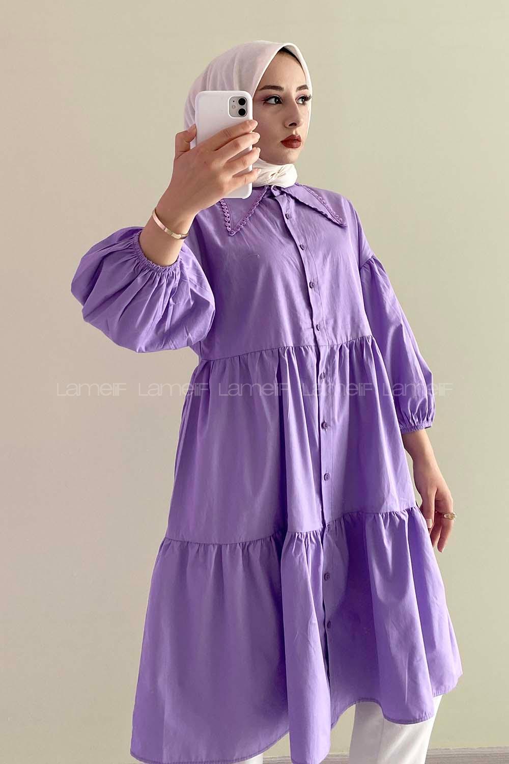 Modalamelif Yakası Dantel Detaylı Önü Düğmeli Poplin Tunik Lila