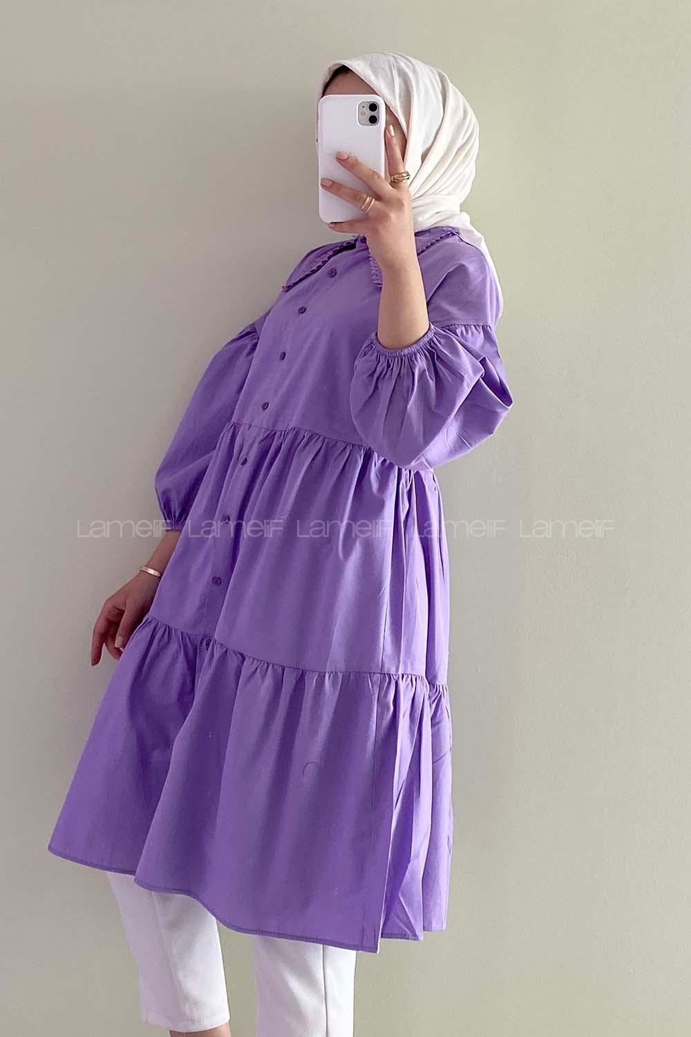 Modalamelif Yakası Dantel Detaylı Önü Düğmeli Poplin Tunik Lila