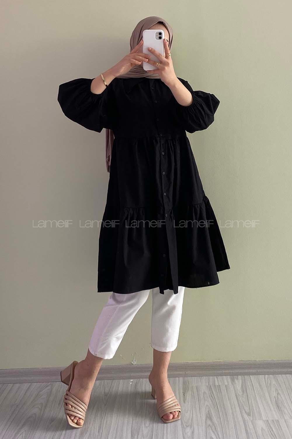 Modalamelif Yakası Dantel Detaylı Önü Düğmeli Poplin Tunik Siyah