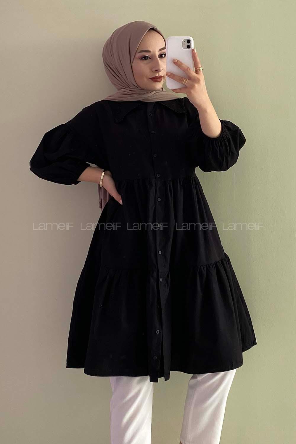 Modalamelif Yakası Dantel Detaylı Önü Düğmeli Poplin Tunik Siyah