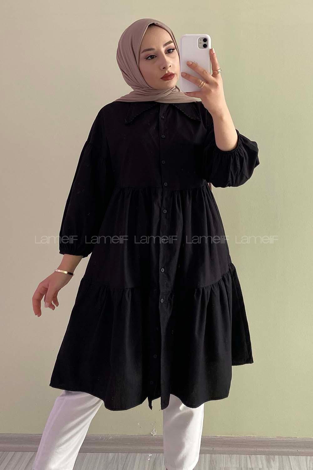 Modalamelif Yakası Dantel Detaylı Önü Düğmeli Poplin Tunik Siyah