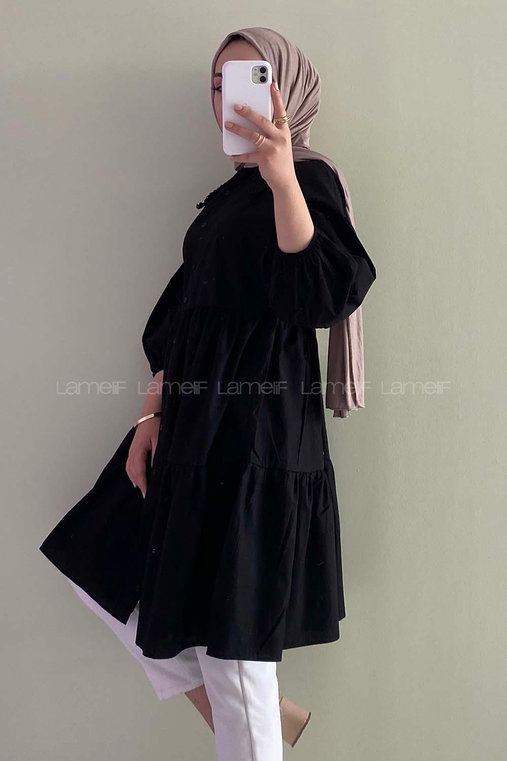 Modalamelif Yakası Dantel Detaylı Önü Düğmeli Poplin Tunik Siyah