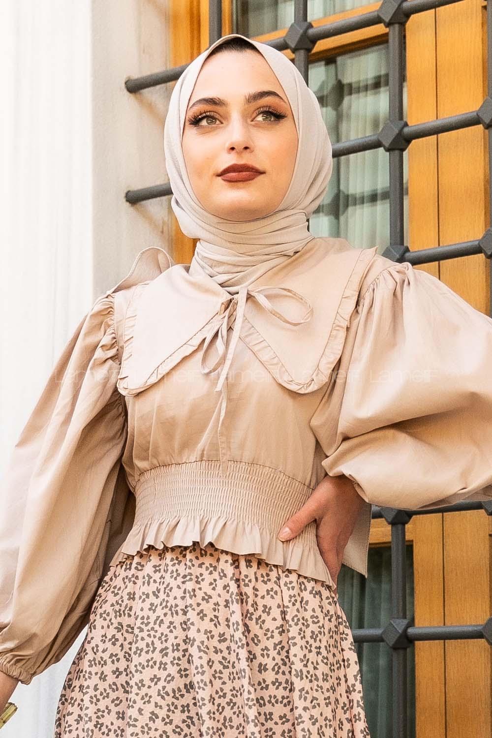 Modalamelif Yakası Pile Detaylı Balon Kol Bluz Bej