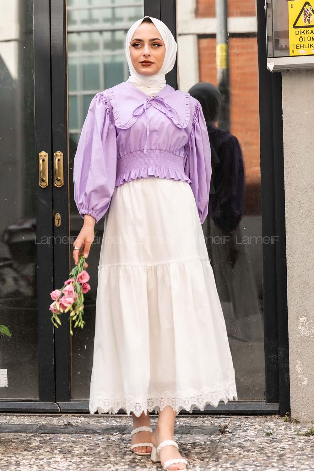 Modalamelif Yakası Pile Detaylı Balon Kol Bluz Lila