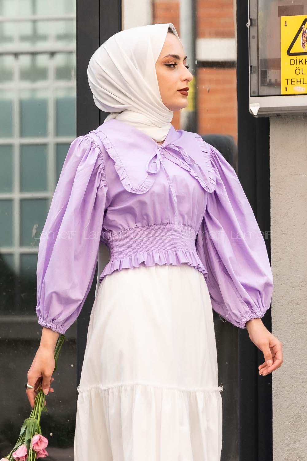 Modalamelif Yakası Pile Detaylı Balon Kol Bluz Lila