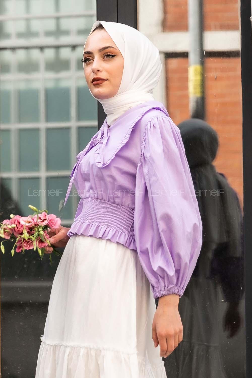 Modalamelif Yakası Pile Detaylı Balon Kol Bluz Lila