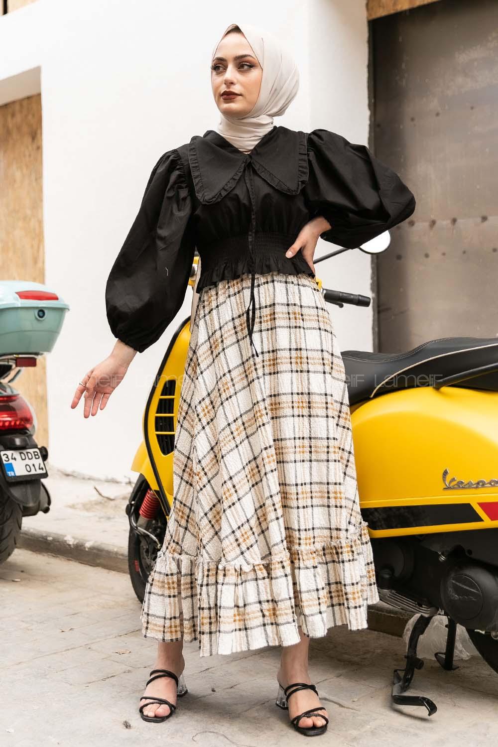 Modalamelif Yakası Pile Detaylı Balon Kol Bluz Siyah