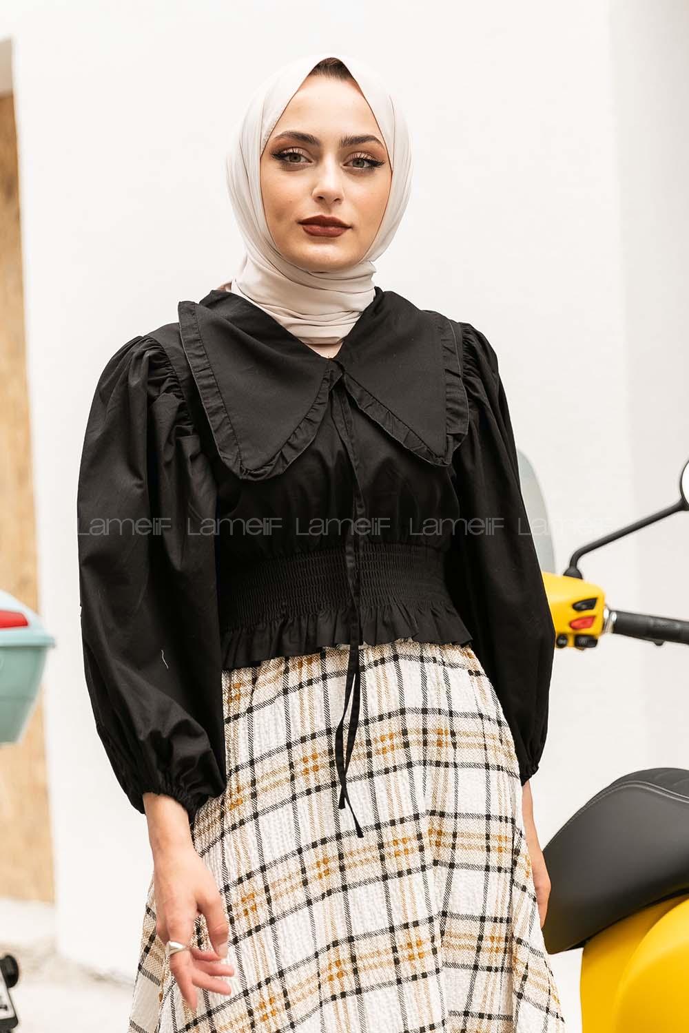 Modalamelif Yakası Pile Detaylı Balon Kol Bluz Siyah