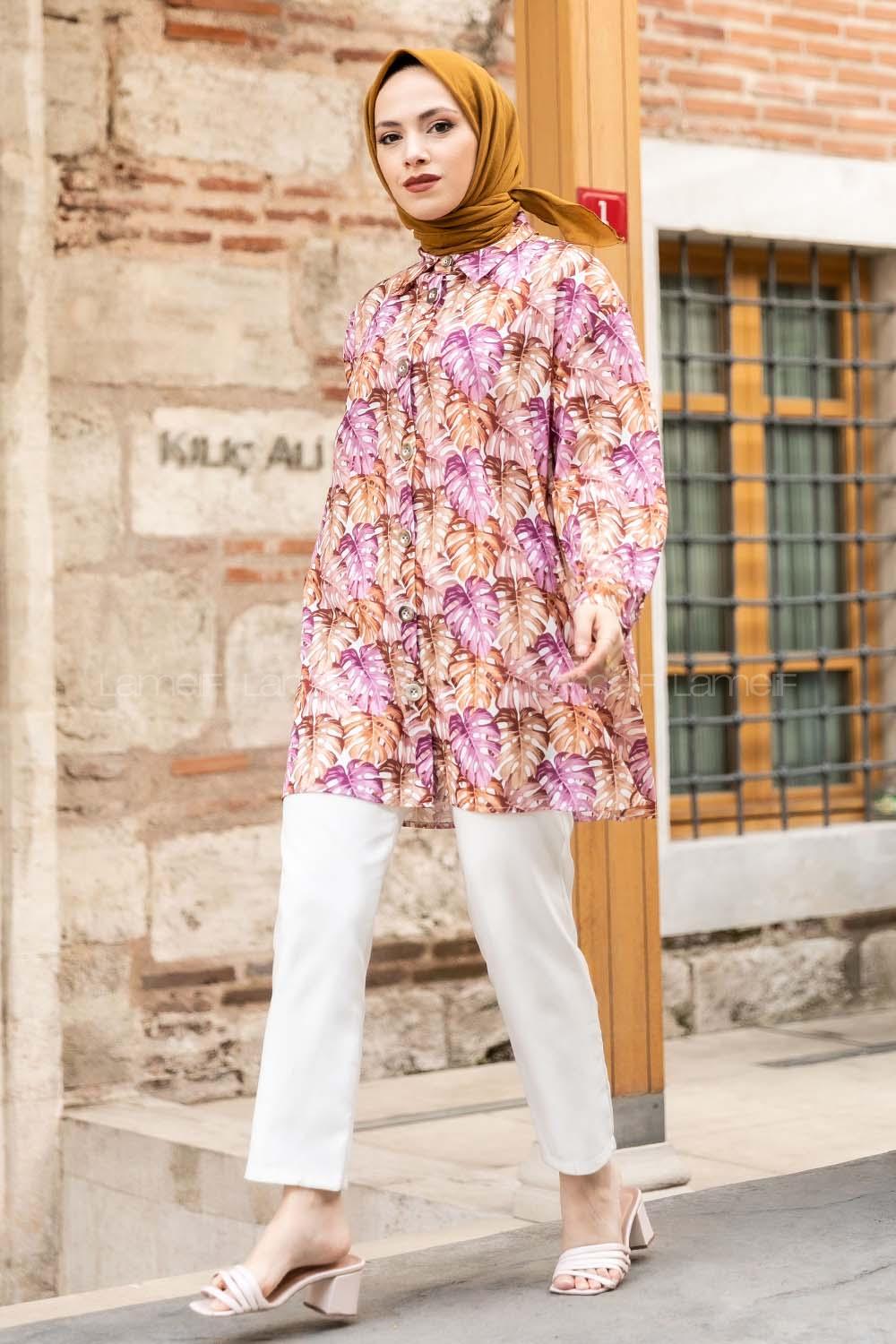 Modalamelif Yaprak Desen Baskılı Gömlek Mor