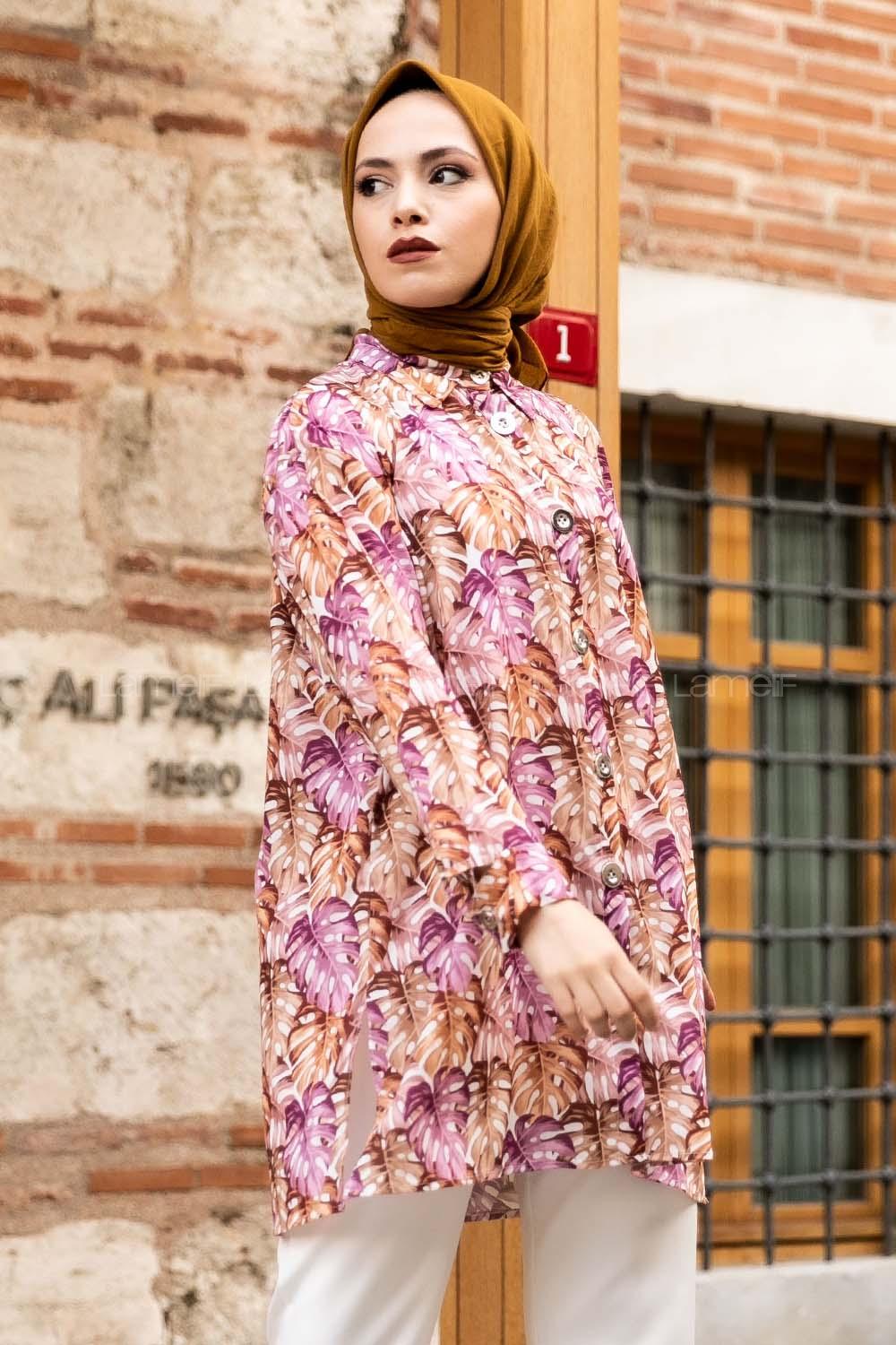 Modalamelif Yaprak Desen Baskılı Gömlek Mor