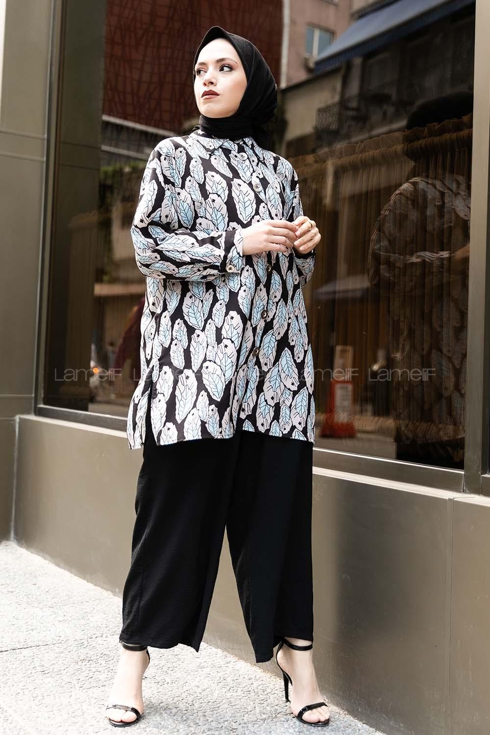 Modalamelif Yaprak Desen Baskılı Gömlek Siyah-Turkuaz