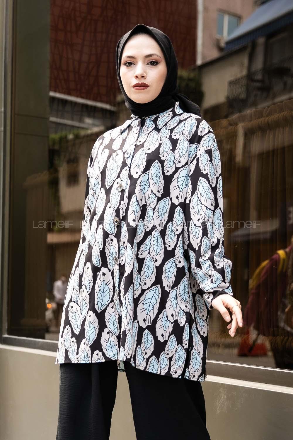 Modalamelif Yaprak Desen Baskılı Gömlek Siyah-Turkuaz