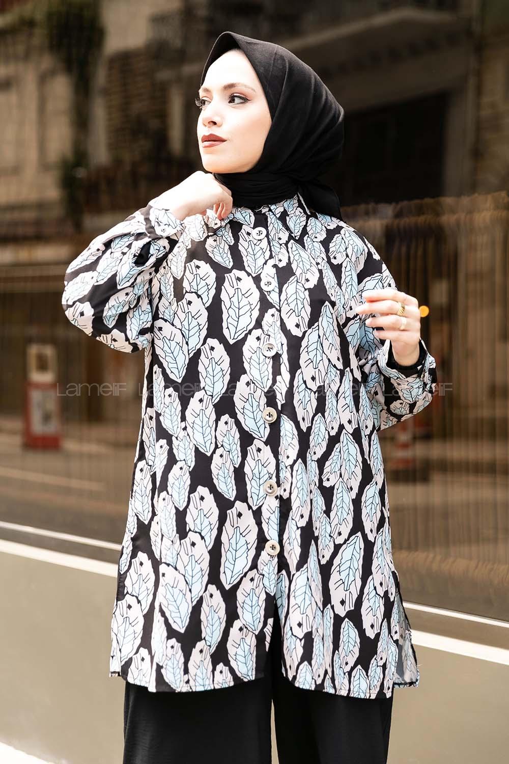 Modalamelif Yaprak Desen Baskılı Gömlek Siyah-Turkuaz