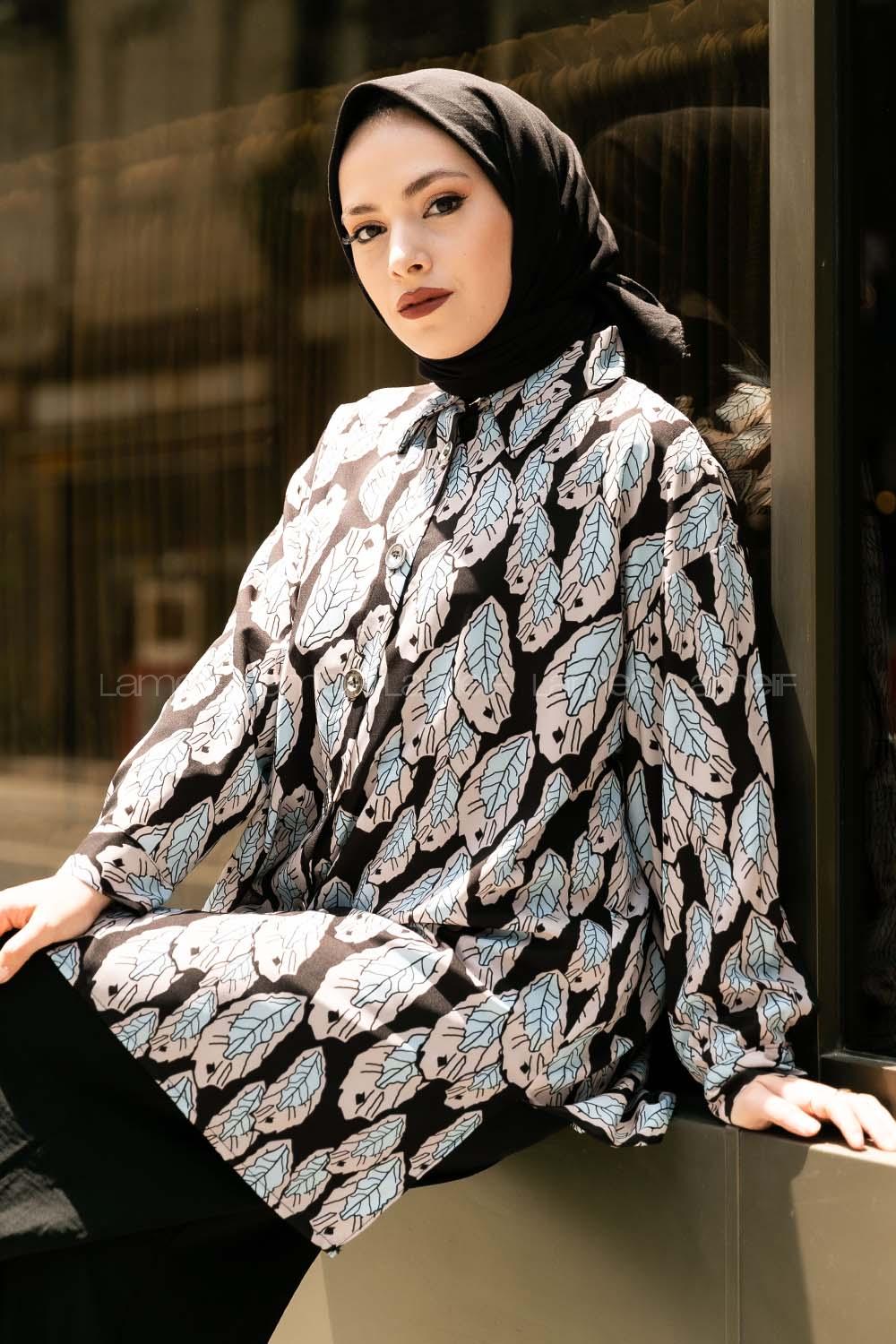 Modalamelif Yaprak Desen Baskılı Gömlek Siyah-Turkuaz