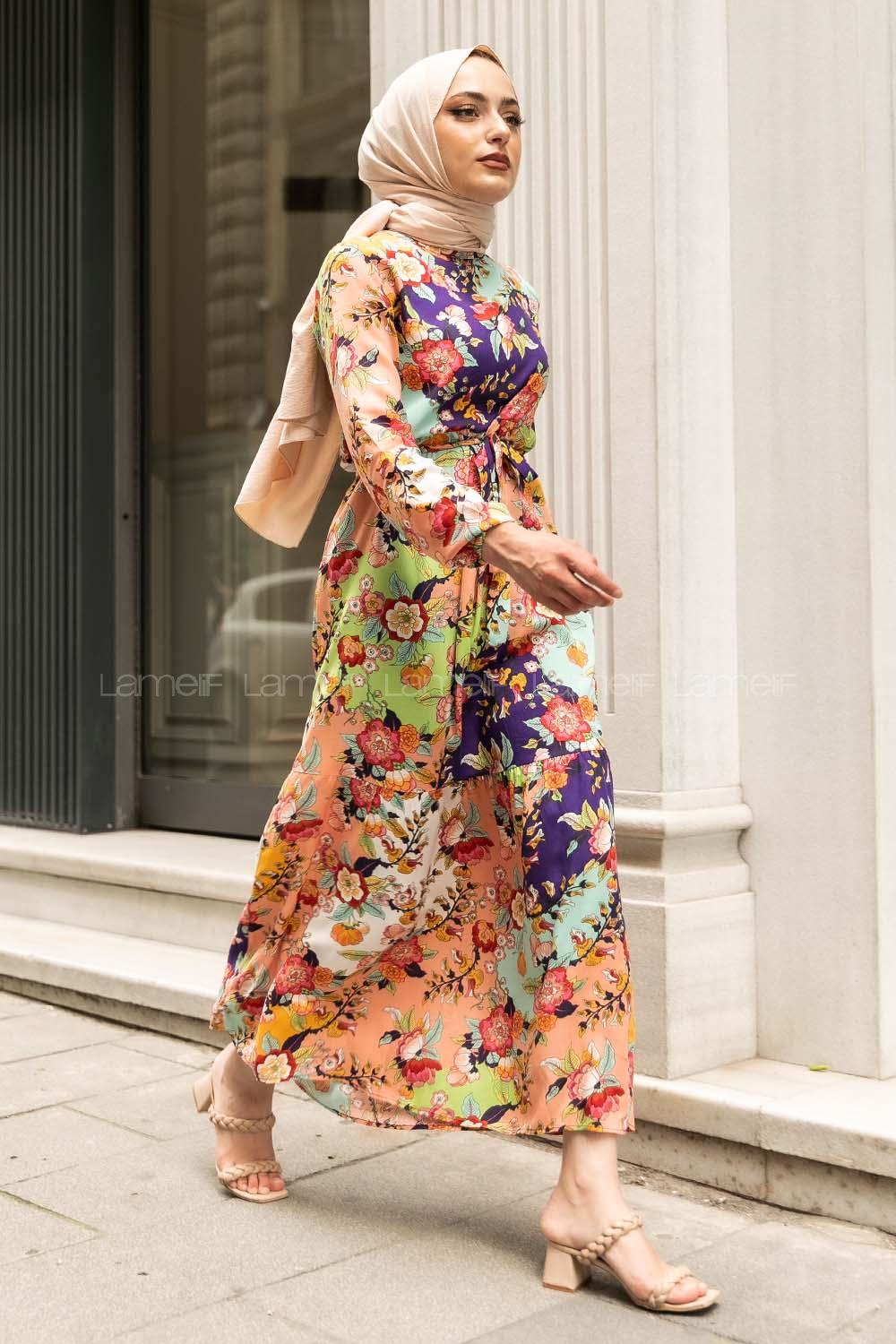 Modalamelif Beli Kuşaklı Çiçek Deseli Elbise Gül