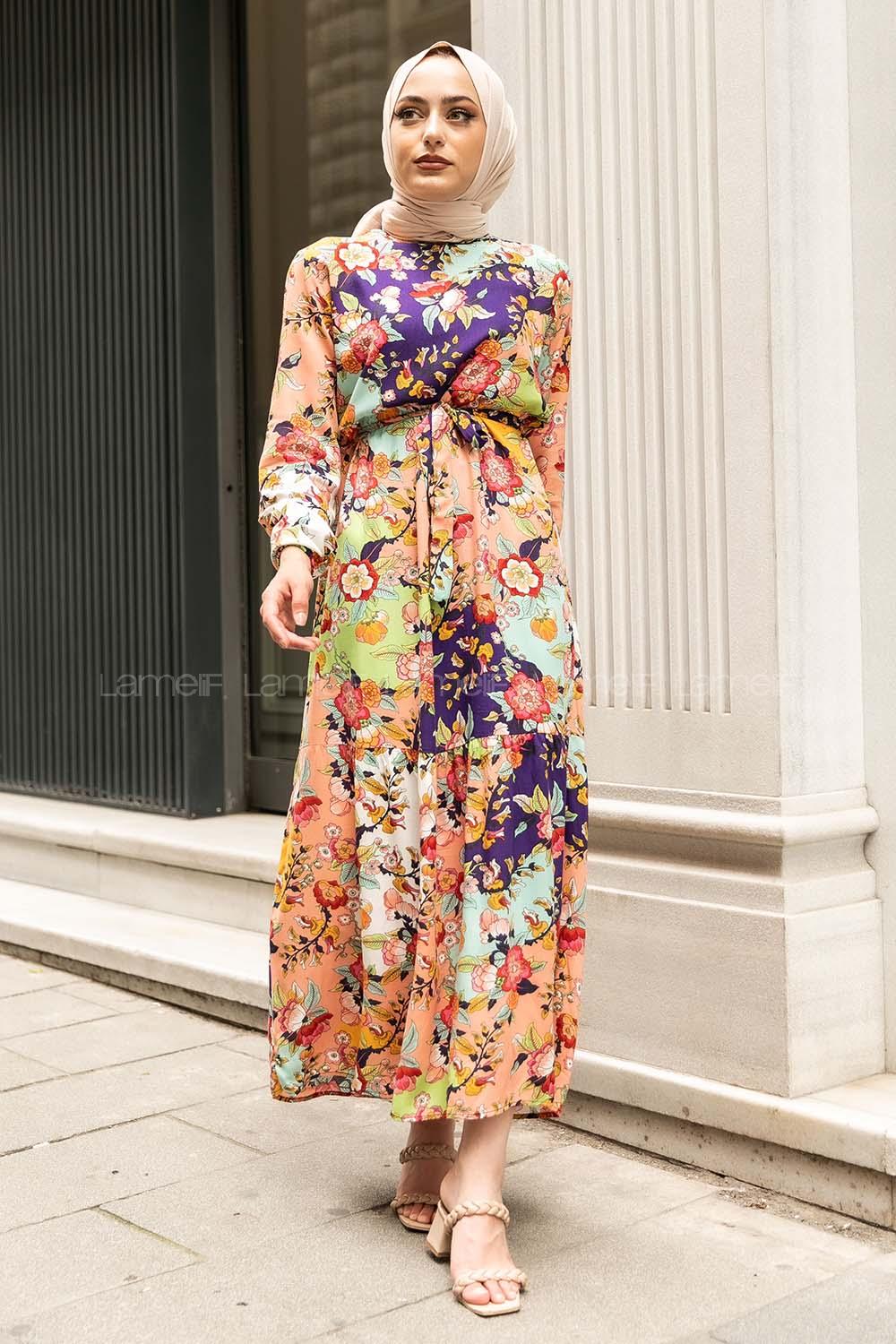 Modalamelif Beli Kuşaklı Çiçek Deseli Elbise Gül