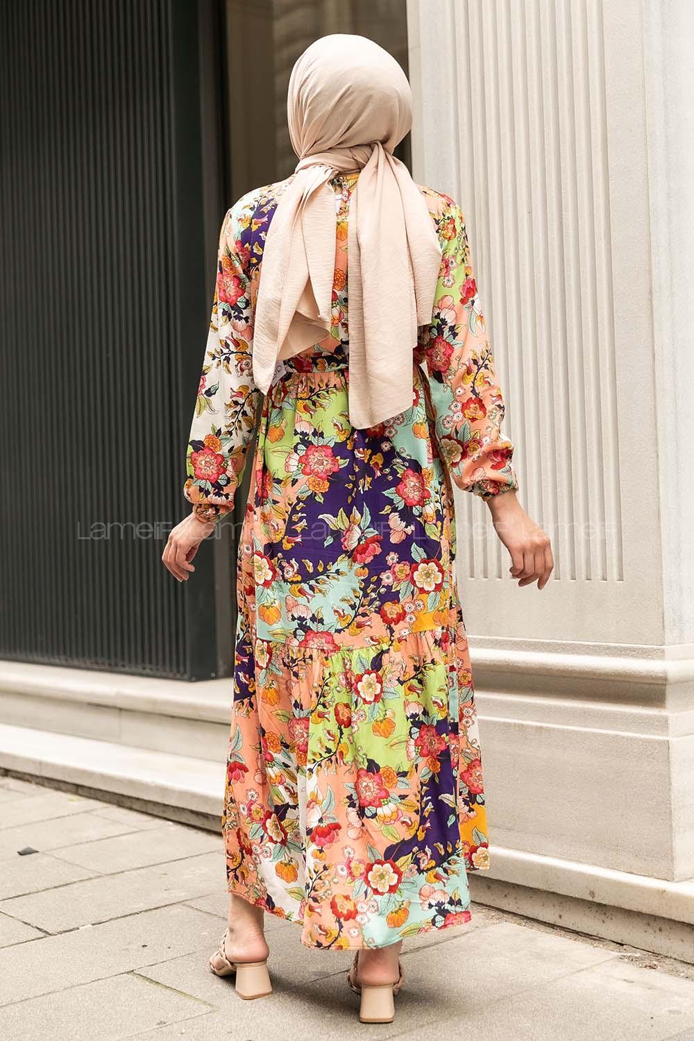 Modalamelif Beli Kuşaklı Çiçek Deseli Elbise Gül